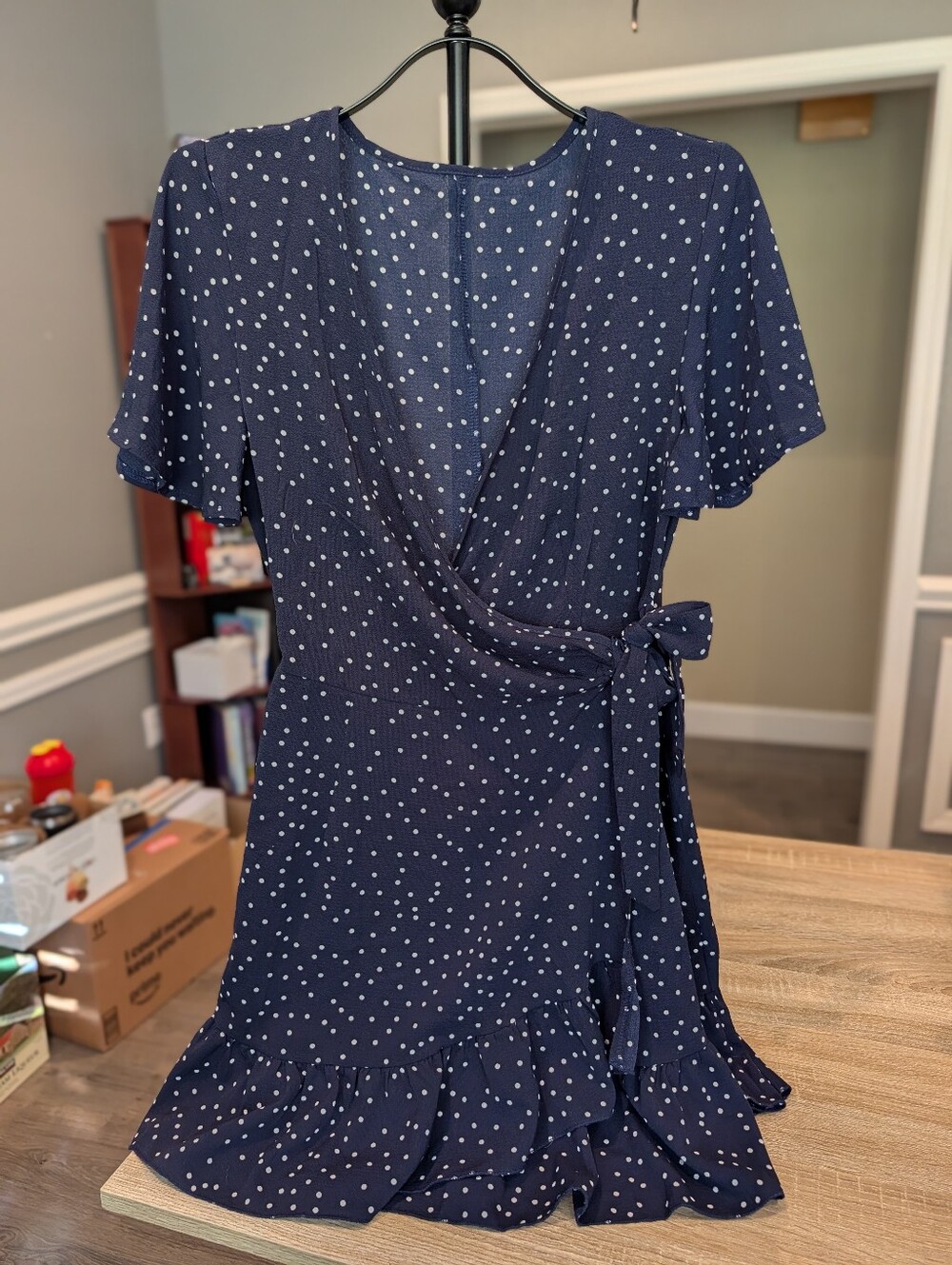 Short Sleeve Polka Dot Wrap Dress in Blue & White
